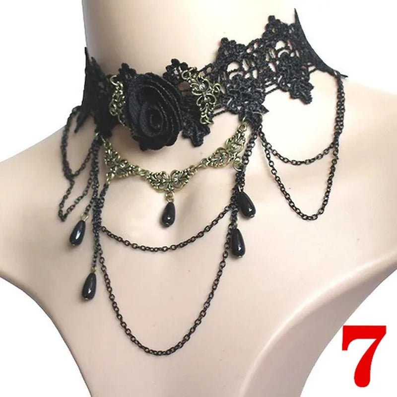 1 PCS Black Lace Necklace Chokers Vintage Style Female Gothic Wedding Red Rose Crystal Diamond Pendant Collarbone Necklace Chain Accessories for Women Girls(10 Style) - WORLD TIME VISITS