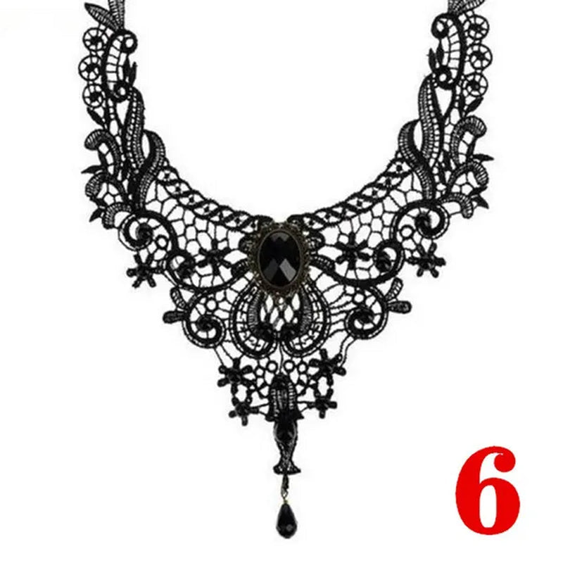 1 PCS Black Lace Necklace Chokers Vintage Style Female Gothic Wedding Red Rose Crystal Diamond Pendant Collarbone Necklace Chain Accessories for Women Girls(10 Style) - WORLD TIME VISITS