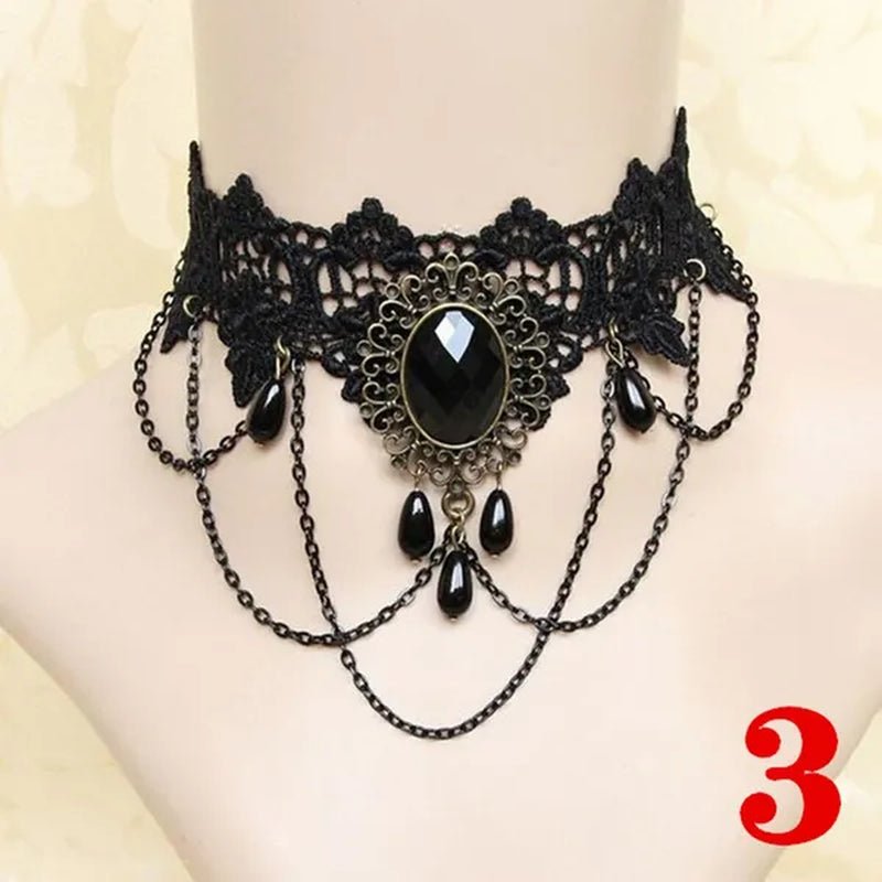 1 PCS Black Lace Necklace Chokers Vintage Style Female Gothic Wedding Red Rose Crystal Diamond Pendant Collarbone Necklace Chain Accessories for Women Girls(10 Style) - WORLD TIME VISITS