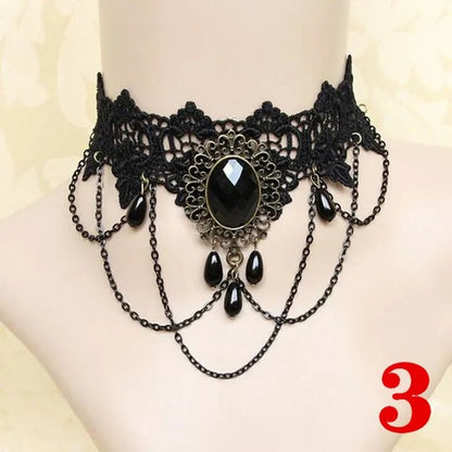 1 PCS Black Lace Necklace Chokers Vintage Style Female Gothic Wedding Red Rose Crystal Diamond Pendant Collarbone Necklace Chain Accessories for Women Girls(10 Style) - WORLD TIME VISITS