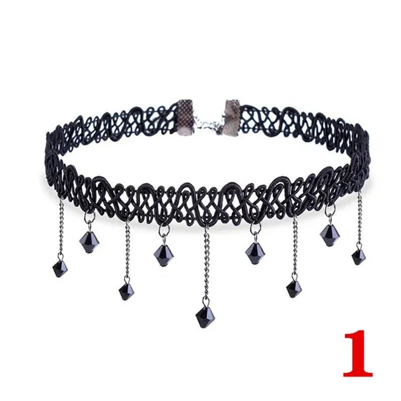 1 PCS Black Lace Necklace Chokers Vintage Style Female Gothic Wedding Red Rose Crystal Diamond Pendant Collarbone Necklace Chain Accessories for Women Girls(10 Style) - WORLD TIME VISITS