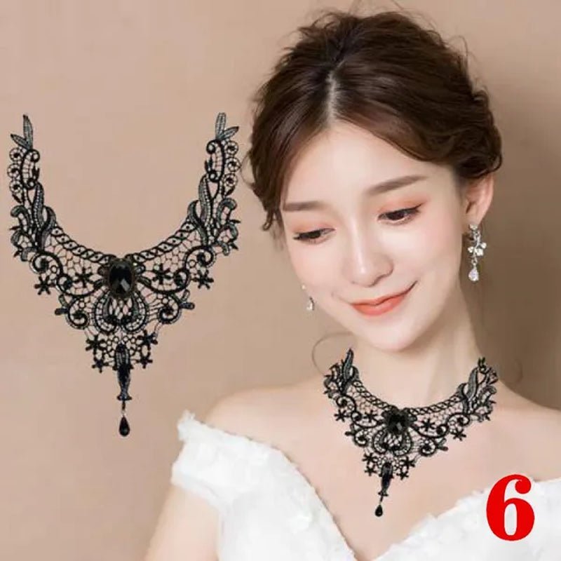 1 PCS Black Lace Necklace Chokers Vintage Style Female Gothic Wedding Red Rose Crystal Diamond Pendant Collarbone Necklace Chain Accessories for Women Girls(10 Style) - WORLD TIME VISITS