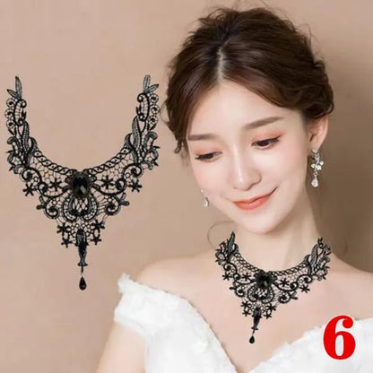1 PCS Black Lace Necklace Chokers Vintage Style Female Gothic Wedding Red Rose Crystal Diamond Pendant Collarbone Necklace Chain Accessories for Women Girls(10 Style) - WORLD TIME VISITS