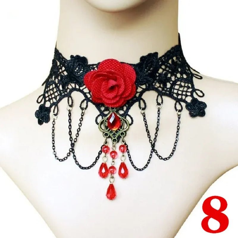1 PCS Black Lace Necklace Chokers Vintage Style Female Gothic Wedding Red Rose Crystal Diamond Pendant Collarbone Necklace Chain Accessories for Women Girls(10 Style) - WORLD TIME VISITS
