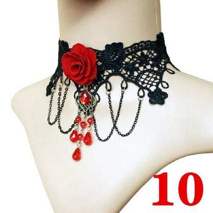 1 PCS Black Lace Necklace Chokers Vintage Style Female Gothic Wedding Red Rose Crystal Diamond Pendant Collarbone Necklace Chain Accessories for Women Girls(10 Style) - WORLD TIME VISITS