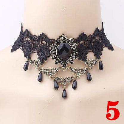 1 PCS Black Lace Necklace Chokers Vintage Style Female Gothic Wedding Red Rose Crystal Diamond Pendant Collarbone Necklace Chain Accessories for Women Girls(10 Style) - WORLD TIME VISITS
