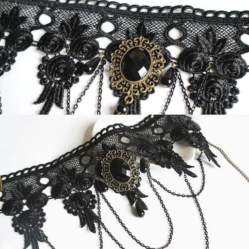 1 PCS Black Lace Necklace Chokers Vintage Style Female Gothic Wedding Red Rose Crystal Diamond Pendant Collarbone Necklace Chain Accessories for Women Girls(10 Style) - WORLD TIME VISITS