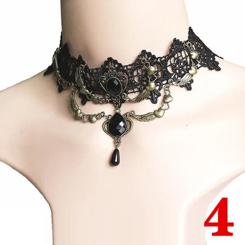 1 PCS Black Lace Necklace Chokers Vintage Style Female Gothic Wedding Red Rose Crystal Diamond Pendant Collarbone Necklace Chain Accessories for Women Girls(10 Style) - WORLD TIME VISITS