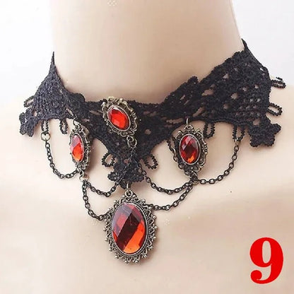 1 PCS Black Lace Necklace Chokers Vintage Style Female Gothic Wedding Red Rose Crystal Diamond Pendant Collarbone Necklace Chain Accessories for Women Girls(10 Style) - WORLD TIME VISITS