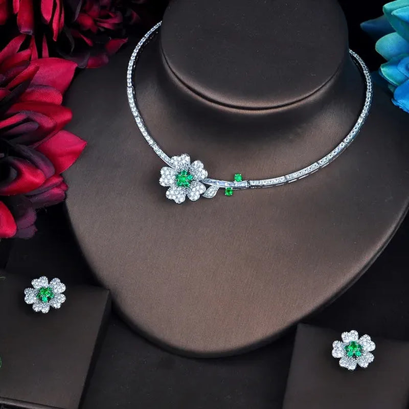 CANDICE Romantic 3D Flower Design Full Micro Pave Tiny CZ and Yellow 18K White Gold Plated Choker Necklace Earrings Set for Women Stylish Prom Party Jewelry
