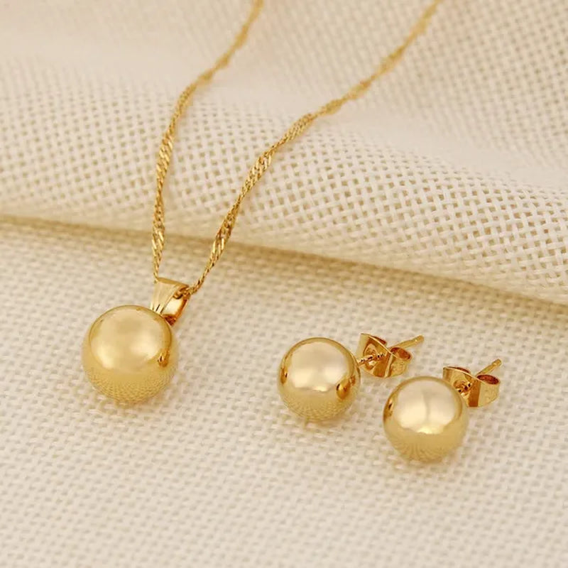 Ball Round Pendant Necklace Ball Round Earrings Jewelry 24K Gold Women Best Party Fine Jewelry