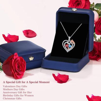 Rose Heart Necklace Gifts for Wife Women - 925 Sterling Silver Double Birthstone Necklace, Anniversary Birthday Gifts for Women, Jewelry Gifts for Wife Girlfriend Mom Her