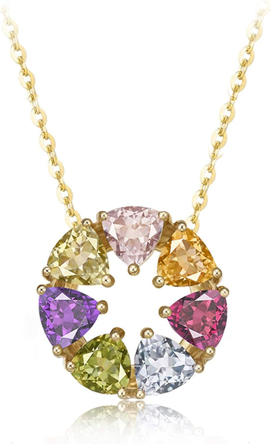 14K Solid Yellow Gold 2.1CTTW Pink Tourmaline Peridot Garnet Citrine Topaz Amethyst round Circle Multi Gemstone Pendant Necklace Fine Jewelry Mother'S Day Gift for Women Girls, 16" + 2" Extender