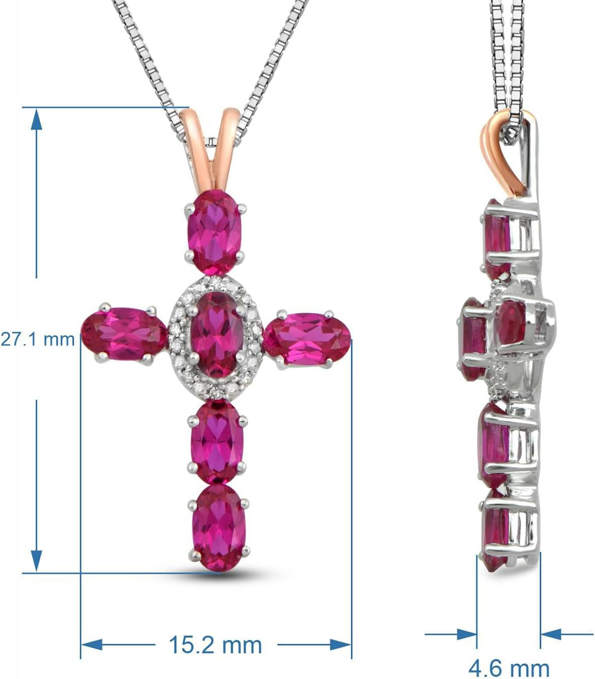 Rose Gold over Sterling Silver 5X3 MM Oval Cut Created Ruby and Natural White round Diamond Accent Cross Pendant Necklace, 18" Box Chain