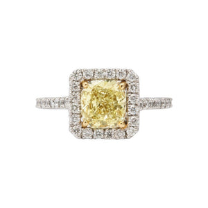 GIA Certified 1.71 Carat Yellow Diamond Cushion Cut Platinum Ring