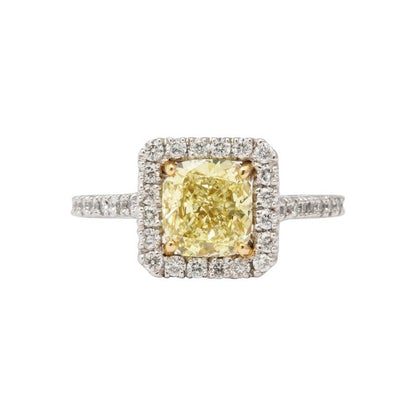 GIA Certified 1.71 Carat Yellow Diamond Cushion Cut Platinum Ring