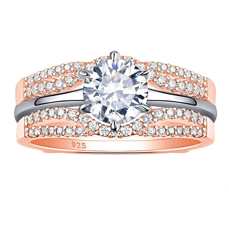 Newshe Two-tone Rose Gold 925 Silver Solitaire Brilliant Round Engagement Rings Set CZ Wedding Band For Women Jewelry Sz 4-13