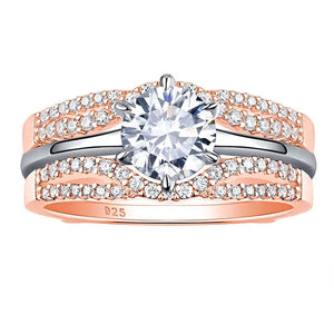 Newshe Two-tone Rose Gold 925 Silver Solitaire Brilliant Round Engagement Rings Set CZ Wedding Band For Women Jewelry Sz 4-13