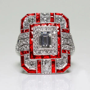 Antique Art Deco 925 Sterling Silver Red Ruby & Diamond Ring