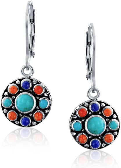 Western Jewelry Multicolor Gemstone Orange Purple Turquoise round Circle Oval Medallion Disc Dangle Earrings for Women Oxidized .925 Sterling Silver Lever Back