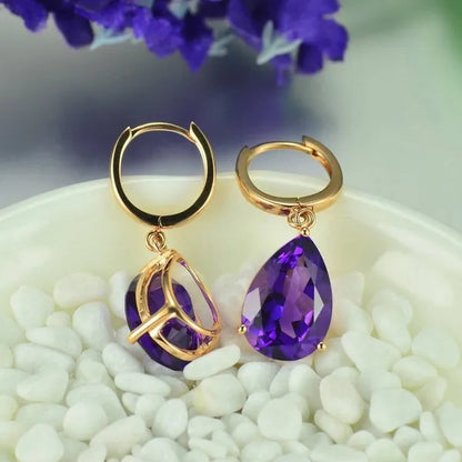 Fashion Amethyst Flower Pendant Necklace Water Drop Cubic Ziconia Earrings Four Leaf Clover Bracelet Double Heart Open-End Ring Jewelry Set For Women Gift