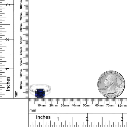 925 Sterling Silver Blue Created Sapphire Engagement Ring for Women (2.62 Cttw, Cushion Cut 8MM, Available in Size 5, 6, 7, 8, 9)