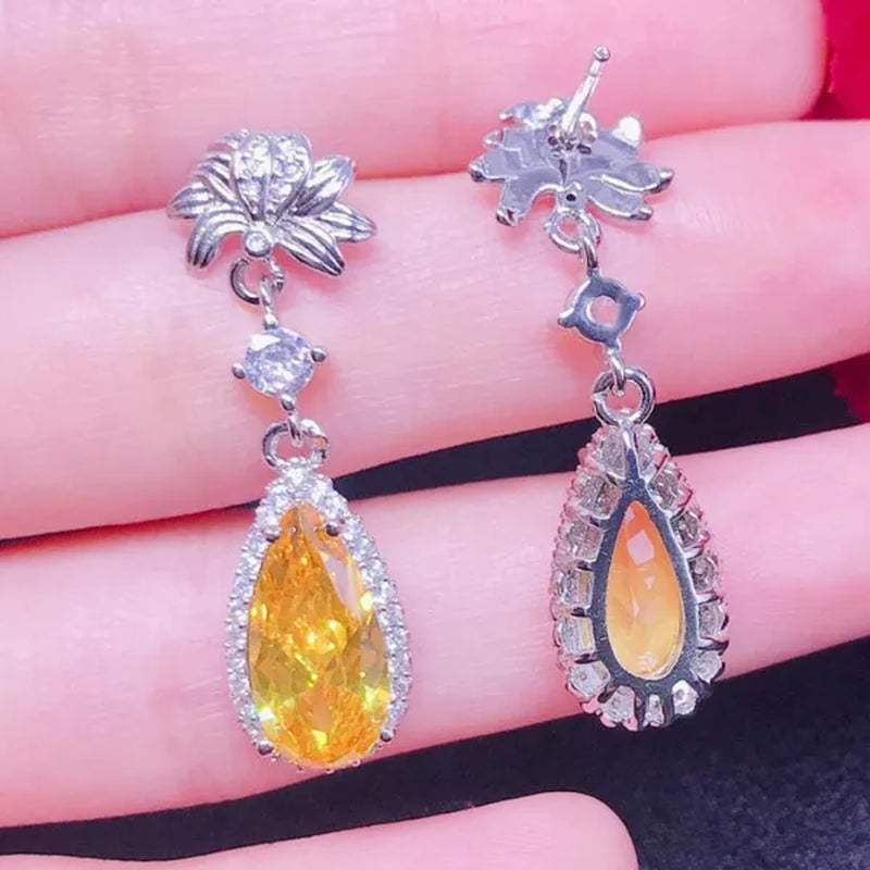 1 Pair Bridal Wedding Dangle Earrings for Women Silver Plated Lab Diamond Teardrop Cut Citrine Gemstone Drop Earrings Fine Jewelry