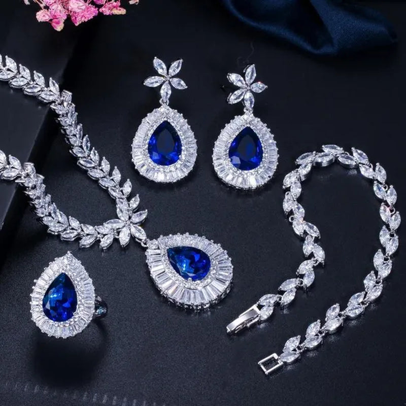 CANDICE Luxurious CZ Wedding 4 Pcs Set for Bridal Sparkling Water Drop Blue Zirconia White Gold Plated Necklace Earrings Bracelet Ring Sets