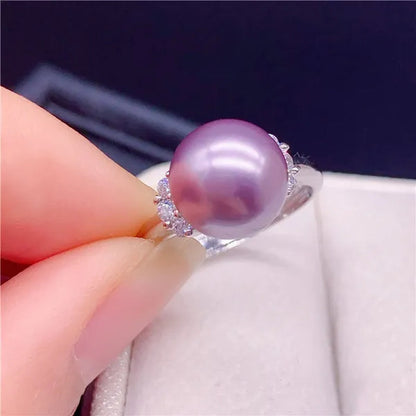 South Sea Gold Mother-of-Pearl Pearl Ring Bracelet Seawater Pearl Round 925 Sterling Silver Diamond Open Ring Female