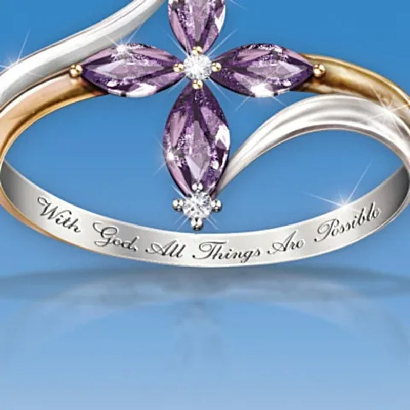 Exquisite 925 Sterling Silver Goldplated Natural Sapphire Amethyst Cross Ring Earrings Necklace Bride Princess Wedding Engagement Birthstone Jewelry Set Ring Size 5-10