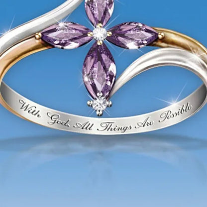 Exquisite 925 Sterling Silver Goldplated Natural Sapphire Amethyst Cross Ring Earrings Necklace Bride Princess Wedding Engagement Birthstone Jewelry Set Ring Size 5-10