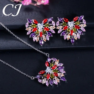 CANDICE New Fashion Women Heart Pendant Jewelry Set Pave Purple Red Green Marquise Cubic Zirconia Party Chain Necklace Big Stud Earrings Sets for Girls Gift