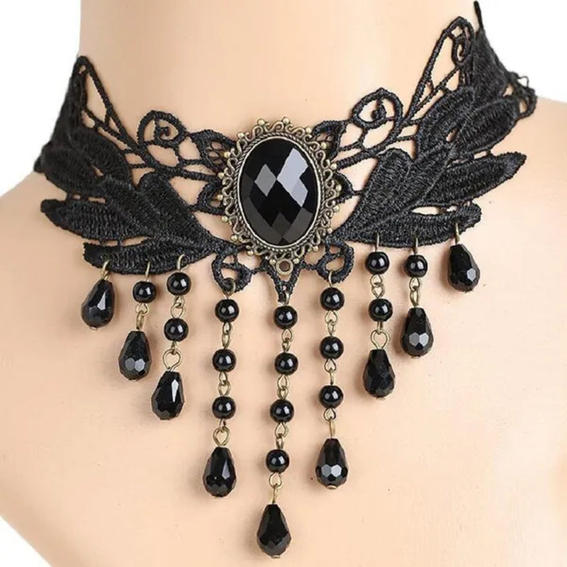 White Lace Necklace Chokers Black Collares Vintage Style Female Gothic Wedding Red Rose Crystal Diamond Pendant Collarbone Necklaces Chain Accessories for Women Girls - WORLD TIME VISITS