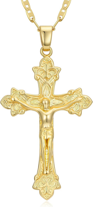 Gold Crucifix Necklace 14K Gold Cross Necklace Jesus Cross Pendant Religious Catholic Jewelry for Men Women