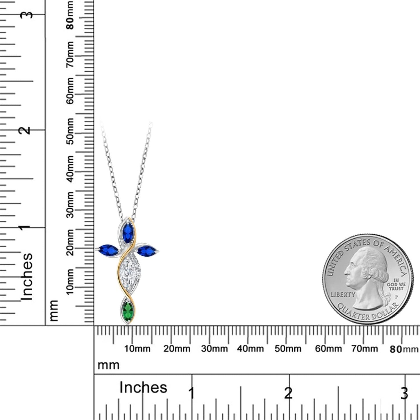 Cross Necklace for Women in 925 Silver and 10K Yellow Gold with Moissanite and Created Sapphire and Nano Emerald | 1.47 Cttw | Jesus Christian Religious Crucifix | Marquise 8X4MM | 18 Inch Chain