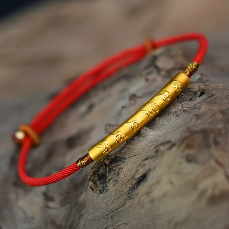 Tibetan Buddhism 999 Sterling Silver Six Words Mantra Charm Bracelet Lucky Red Wax String Handmade Amulet Jewelry