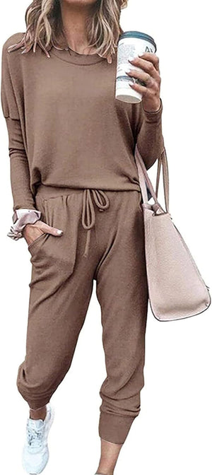 Women'S Fall 2 Piece Lounge Outfit Long Sleeve Crewneck Pullover Tops High Waisted Pants Set Tracksuit