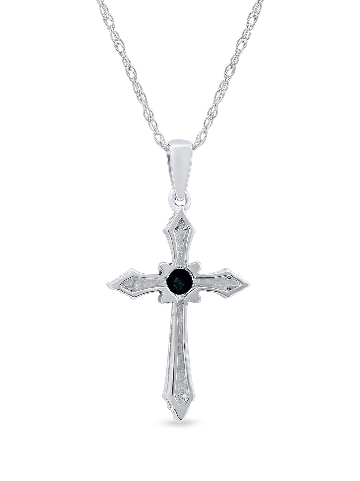 Gemstone 10K White Gold round Cut Blue Sapphire Diamond Accent Cross Necklace