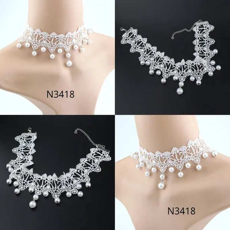 White Lace Necklace Chokers Black Collares Vintage Style Female Gothic Wedding Red Rose Crystal Diamond Pendant Collarbone Necklaces Chain Accessories for Women Girls - WORLD TIME VISITS