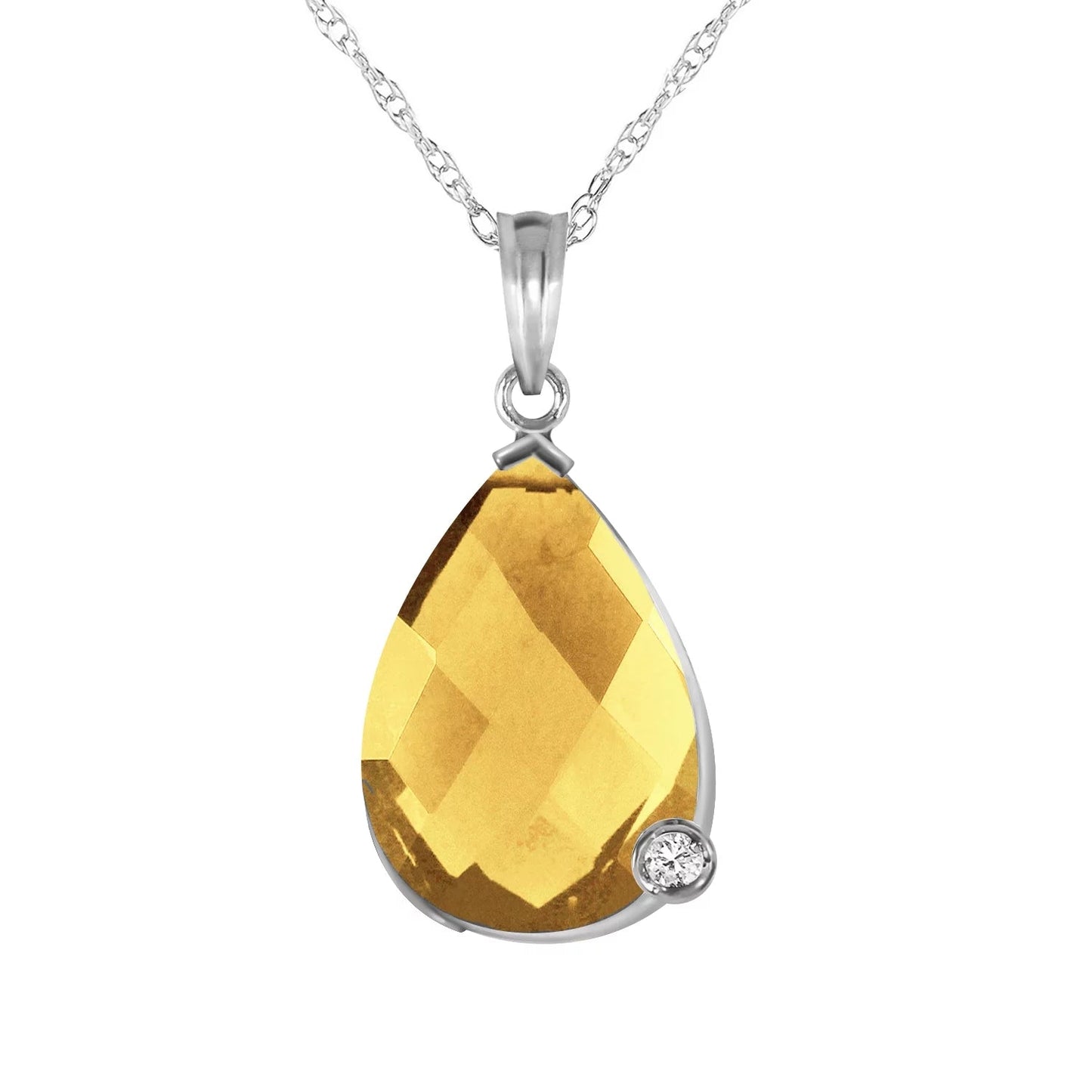 5.04 Carat 14K 20" Solid White Gold Necklace with Natural Briolette Checkerboard Cut Citrine and Diamond Pendant