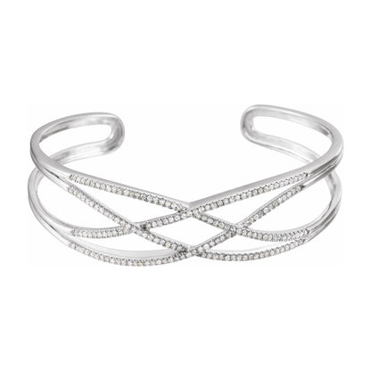 14K White Gold 3/4 Ct Diamond Criss-Cross Cuff 7" Bracelet