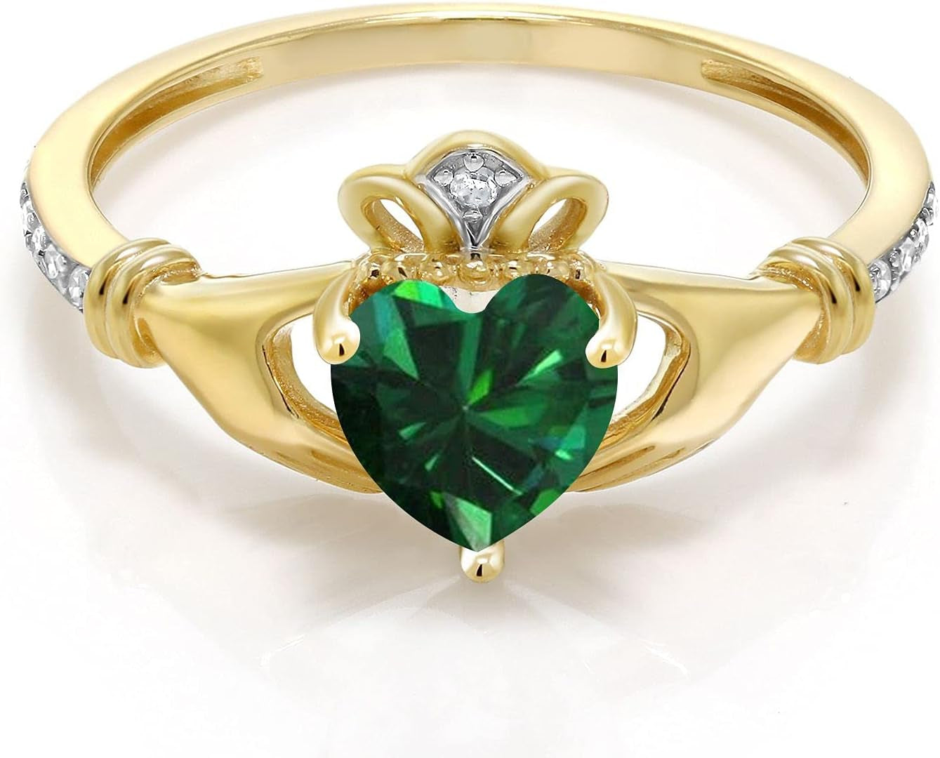 10K Yellow Gold Green Simulated Emerald and Diamond Accent Irish Celtic Claddagh Ring for Women (0.74 Cttw, Available in Size 5, 6, 7, 8, 9)
