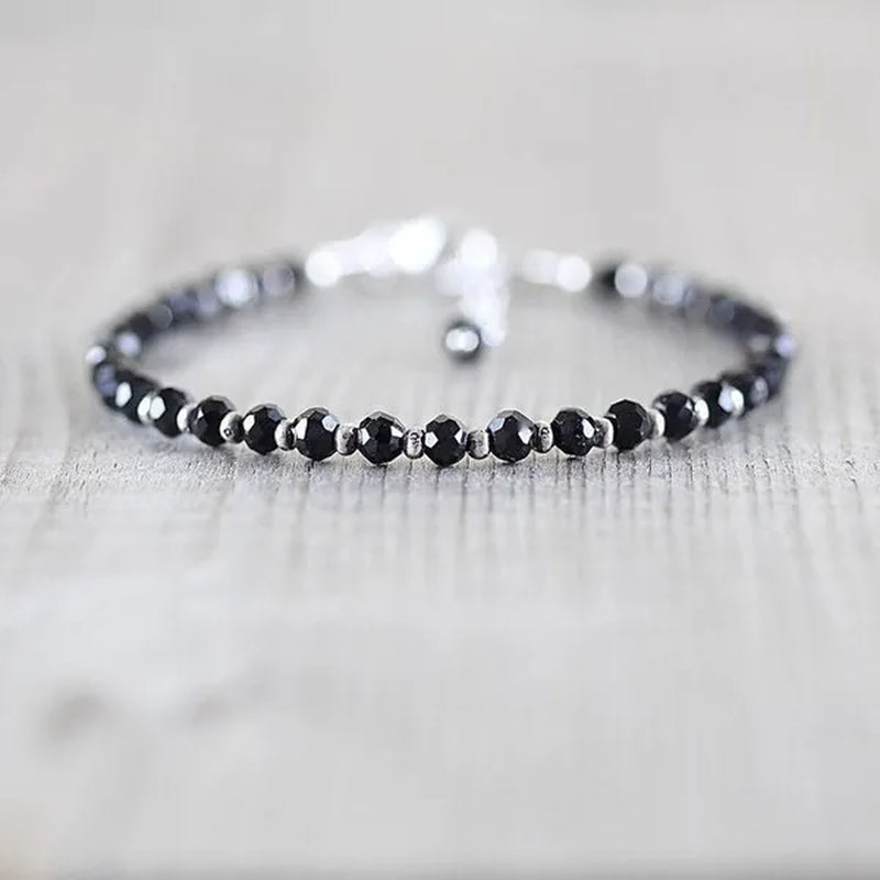 Black Spinel, Sterling & Karen Hill Tribe Silver Bracelet Boho Beaded Gemstone Bracelet Dainty Stacking Bracelet - WORLD TIME VISITS