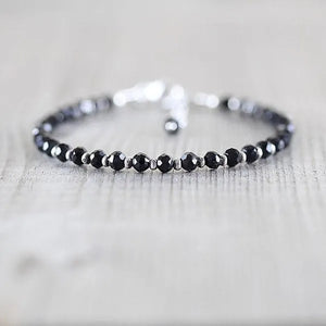 Black Spinel, Sterling & Karen Hill Tribe Silver Bracelet Boho Beaded Gemstone Bracelet Dainty Stacking Bracelet