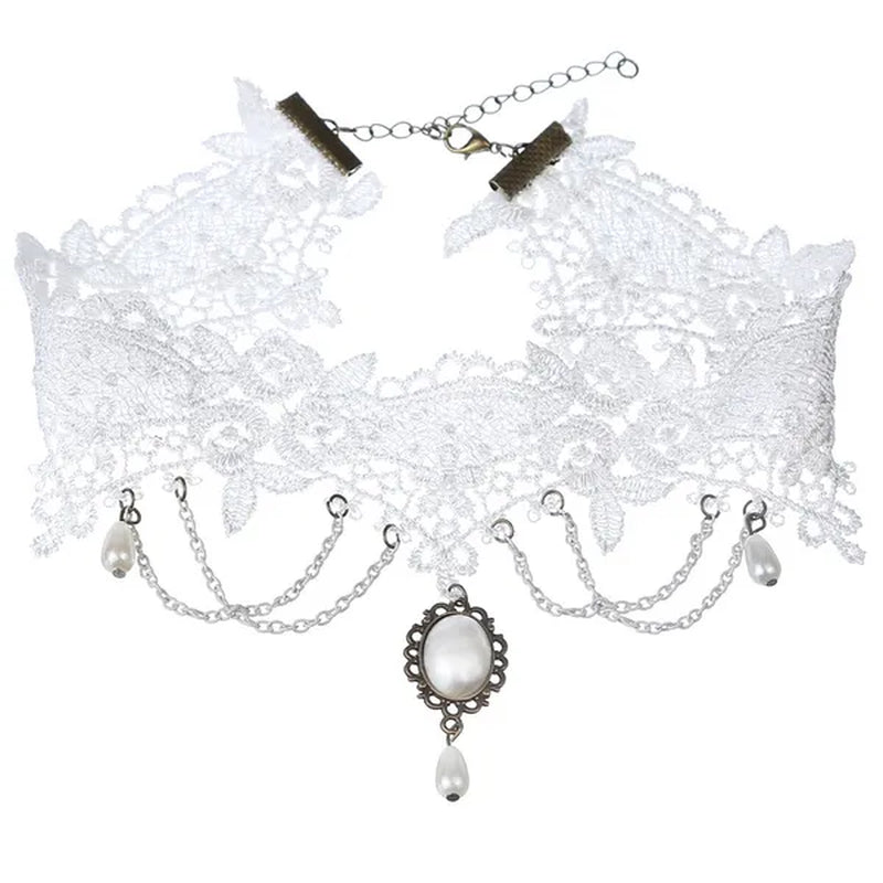 White Lace Necklace Chokers Black Collares Vintage Style Female Gothic Wedding Red Rose Crystal Diamond Pendant Collarbone Necklaces Chain Accessories for Women Girls - WORLD TIME VISITS