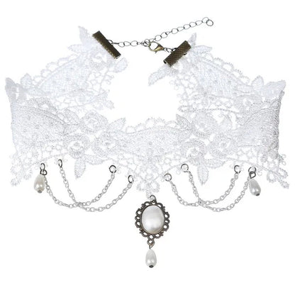 White Lace Necklace Chokers Black Collares Vintage Style Female Gothic Wedding Red Rose Crystal Diamond Pendant Collarbone Necklaces Chain Accessories for Women Girls - WORLD TIME VISITS