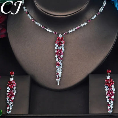 CANDICE Elegant CZ Big Bridal Jewelry Set for Women Red Cubic Zirconia Wedding Party Long Flower Drop Necklace Earrings WIth White Gold Plating
