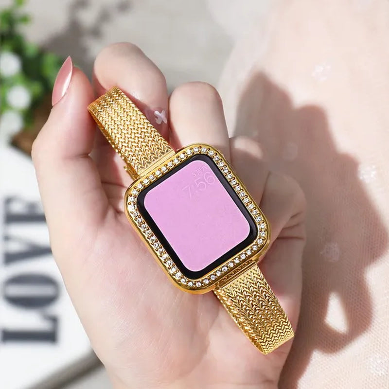 Slim Metal mesh belt Loop+Diamond Case for Apple Watch 7 Band 42mm 44mm Women's Strap on Smart Iwatch Bracelet Series 7 SE 65432 41mm 45mm