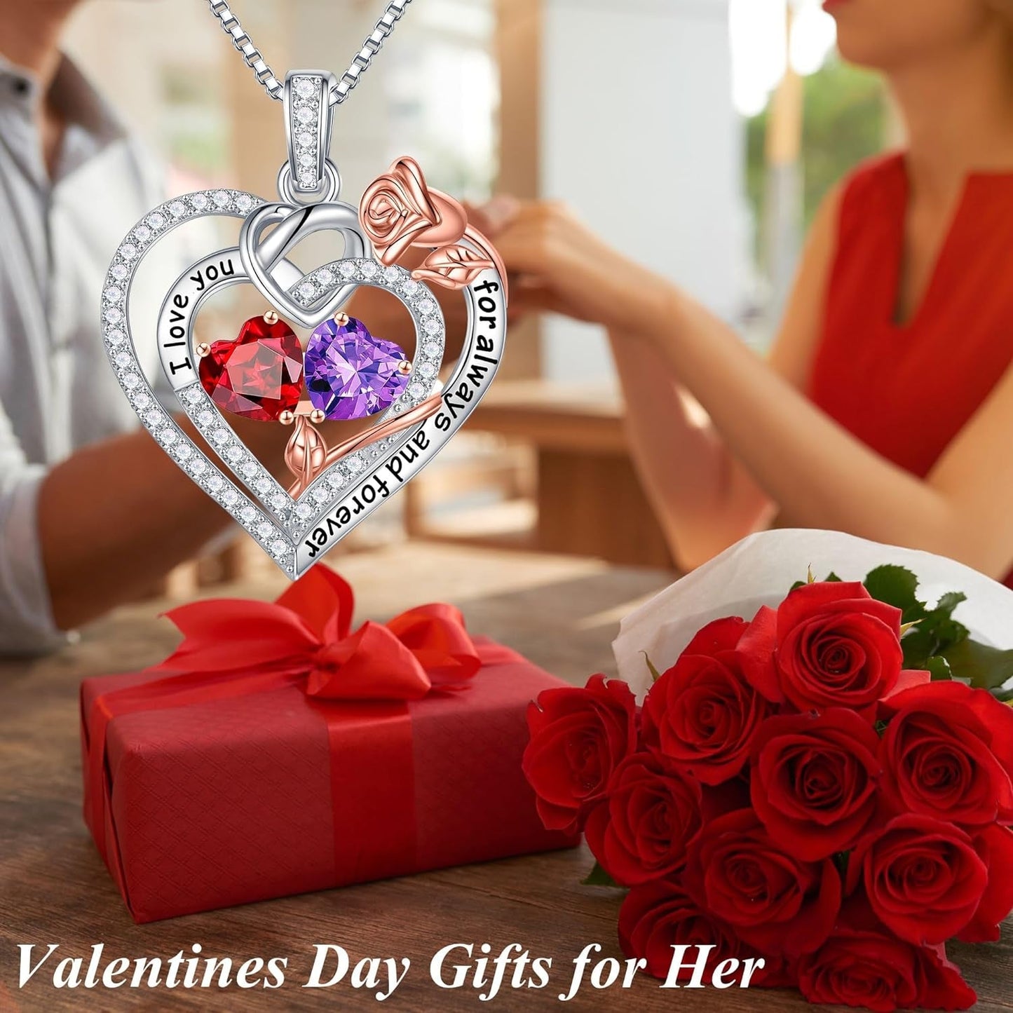Rose Heart Necklaces Gifts for Her - 925 Sterling Silver Rose Heart Birthstone Necklace Anniversary Birthday Gifts Jewelry Valentines Mothers Day Gifts for Women Wife Girlfriend Mom