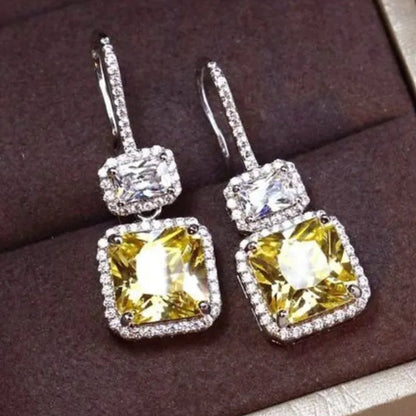 Square Citrine Pendant Silver Plated Lab Diamond Drop Dangle Earrings for Bridal Engagement Wedding Fashion Women Earrings Jewelry Gift